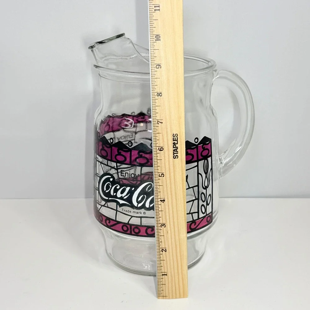 Vintage Coca-Cola Glass Pitcher Pink Stained Glass Logo Ice Lip 9 Inch Clear